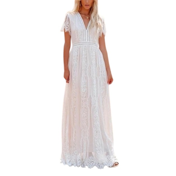 NEW Odizli Boho Maxi Dress 6 Embroidered Mesh Lace Bridesmaid Beachy White Flowy - Picture 1 of 13